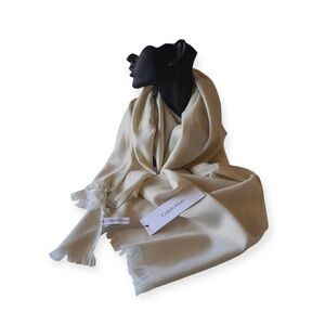 Calvin Klein Diagonal CK Metallic Logo Scarf Eggshell Fringe Wrap NWT